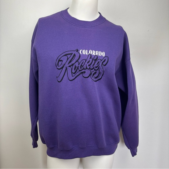 VTG 90s Colorado Rockies Embroidered Purple Sweatshirt League Leader XL USA - Picture 1 of 16